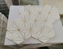 Star White Marble Mosaic Tiles With Grey Landscape Stone Granite Tiles Golden Copper Line